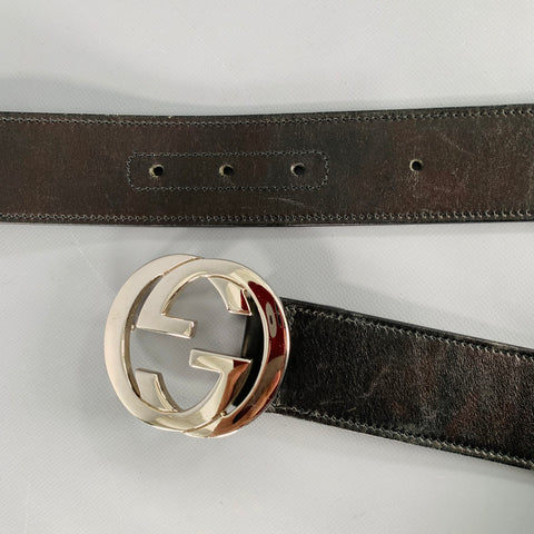 GUCCI Size 30 Black Silver Monogram Leather Metal Belt
