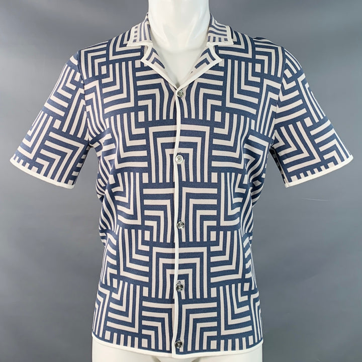 REISS Size M Blue Cream Geometric Viscose Blend Knit Camp Short Sleeve Shirt