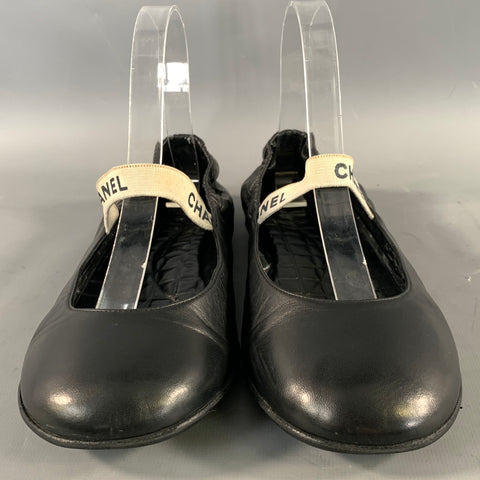CHANEL Size 9.5 Black Leather Ballet Flats