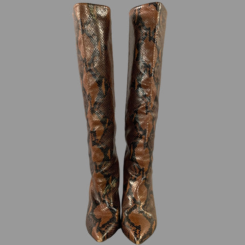 PARIS TEXAS Size 11 Brown Black Leather Snake Embossed Pointed Toe Boots