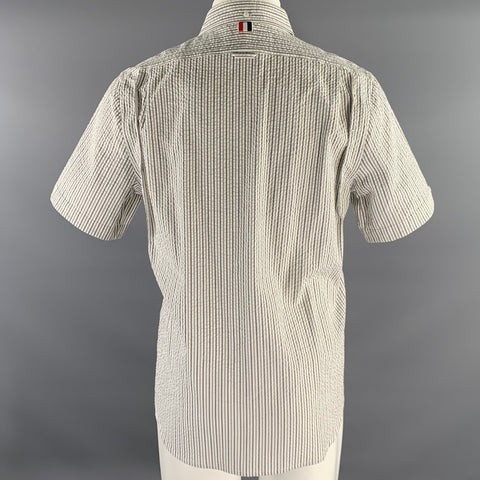 THOM BROWNE Size L White Grey Seersucker Stripe Cotton Club Collar Short Sleeve Shirt