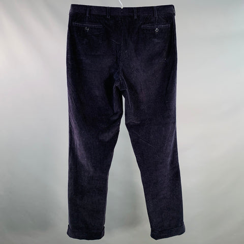 RALPH LAUREN Pantalon décontracté plissé en velours côtelé de coton, taille L, bleu marine