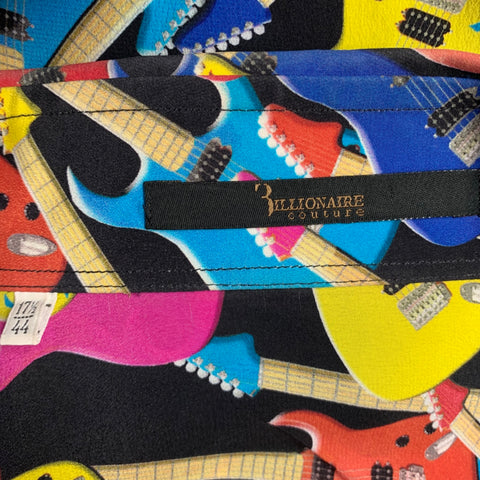 BILLIONAIRE COUTURE Size XL Black Multi Color Guitars Silk Long Sleeve Shirt