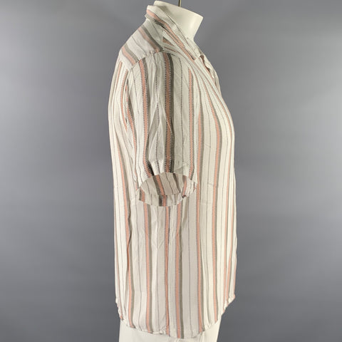 PORTUGUESE FLANNEL Size L Cream Olive Pink Stripe Viscose Short Sleeve Shirt