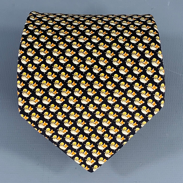 SALVATORE FERRAGAMO Black Yellow Birds Silk Tie