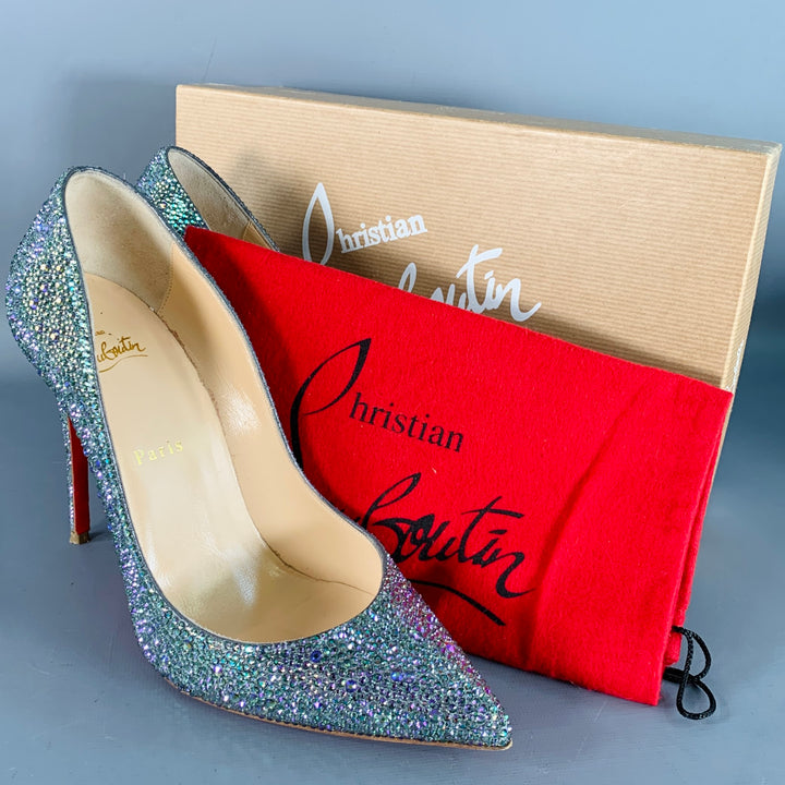 CHRISTIAN LOUBOUTIN Size 9.5 Kate Strass Multi Color Red Suede Rhinestones Pointed Toe Pumps