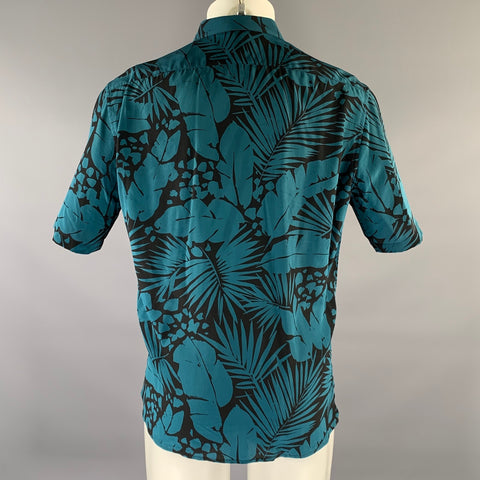 SAINT LAURENT Size S Turquoise Black Abstract Floral Silk Short Sleeve Shirt