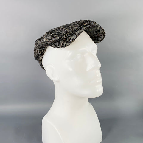 JOHNSTON & MURPHY Size 58 Black Grey Herringbone Wool Flat Cap Hat