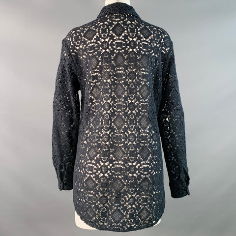 SEZANE Size 4 Black Cotton Blend Lace Spread Collar Hidden Buttons Shirt