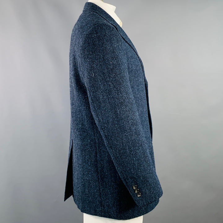 O'CONNELL'S Size 42 Long Blue Black Herringbone Wool Sport Coat