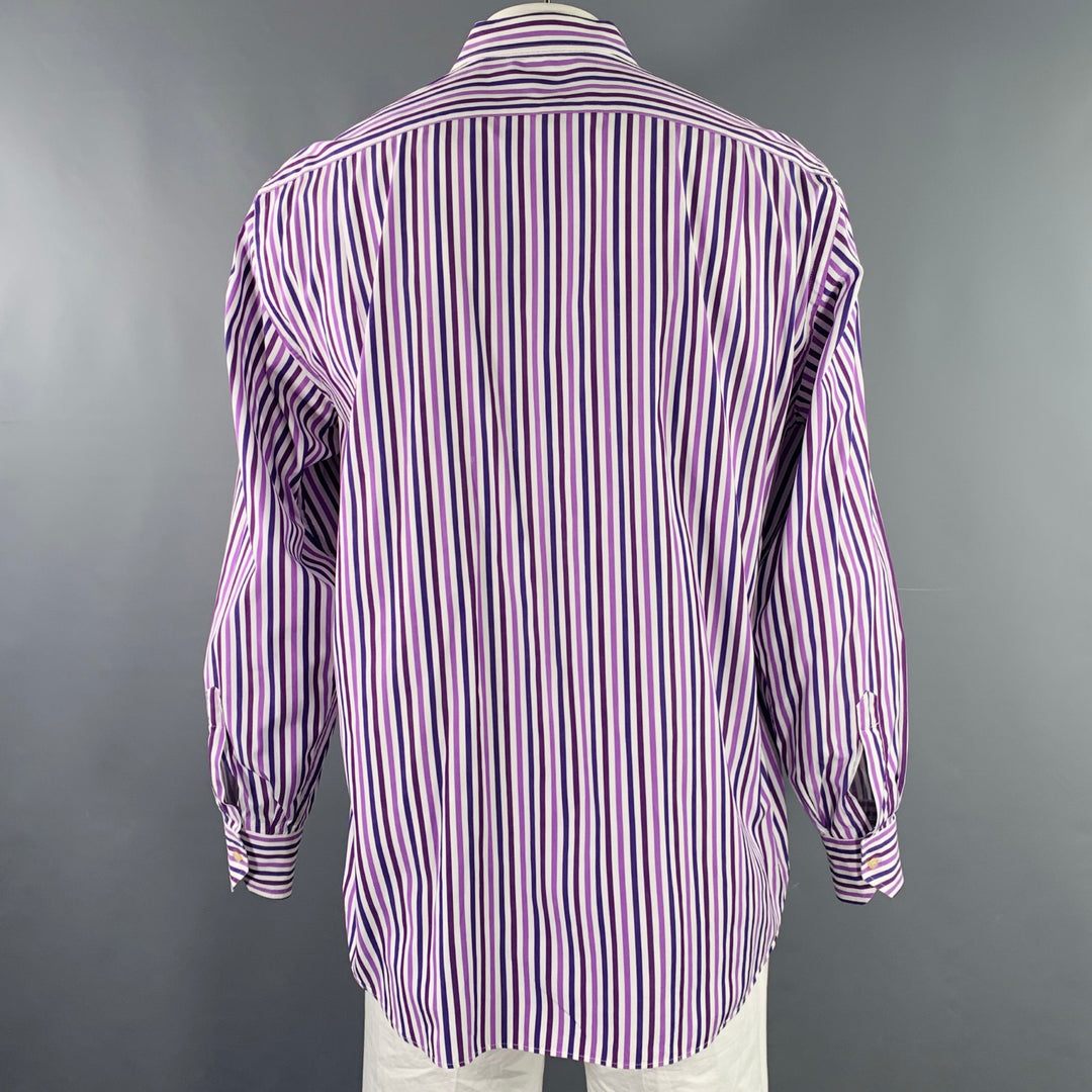 ETRO Size L White Purple Stripe Cotton Spread Collar Long Sleeve Shirt