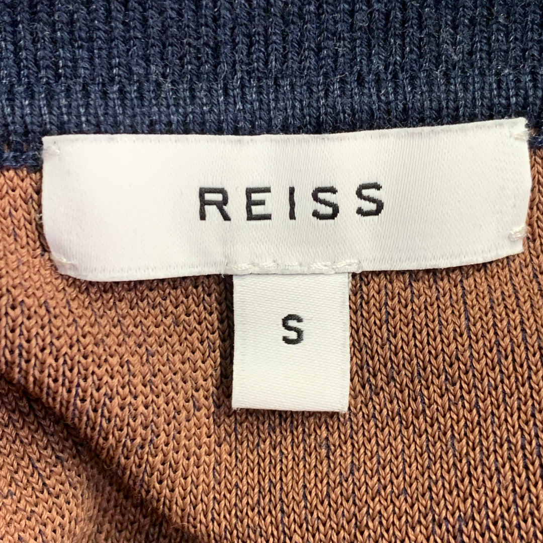 REISS Size S Kade Navy Copper Lines Viscose Blend Zip Up Polo