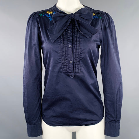 LOVE MOSCHINO Size 4 Navy Multi Color Cotton Blend Embroidered Casual Top
