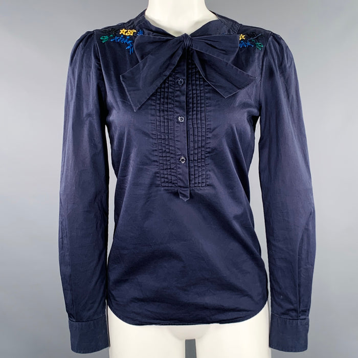 LOVE MOSCHINO Size 4 Navy Multi Color Cotton Blend Embroidered Casual Top