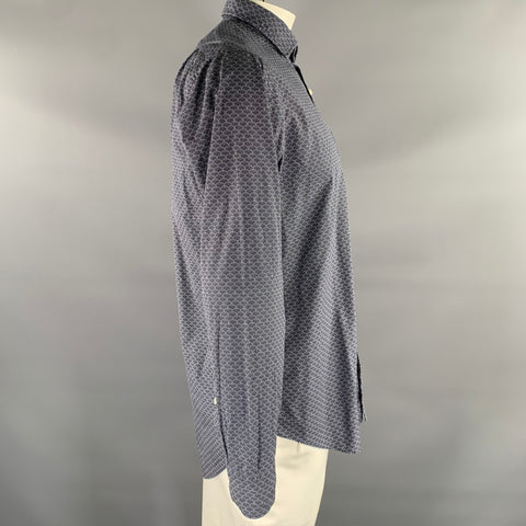 Chemise à manches longues boutonnée en coton chiné blanc et bleu marine SID MASHBURN Taille L