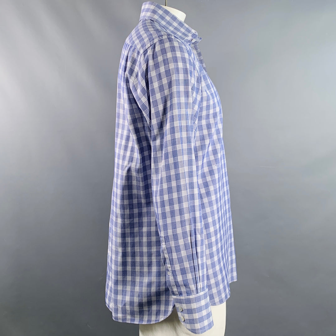 TOM FORD Size L Blue White Plaid Cotton Curved Cutaway Long Sleeve Shirt