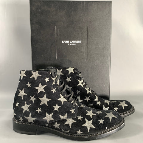 SAINT LAURENT Size 7.5 Black Silver Stars Leather Lace Up Boots