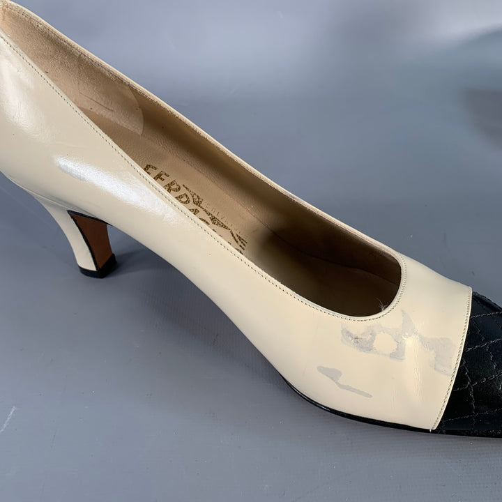 SALVATORE FERRAGAMO Size 9 Beige Black Leather Quilted Cap Toe Pumps