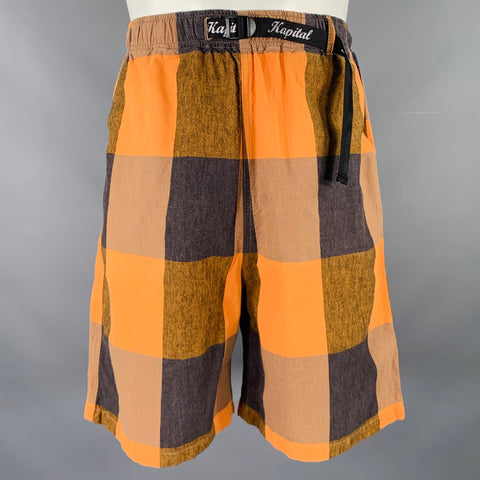 KAPITAL Size M Orange Black Checkered Cotton Linen Drawstring Shorts