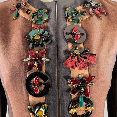 PRADA SS05 Size 2 Brown Black Wool Silk Embellishment Jacket Blazer