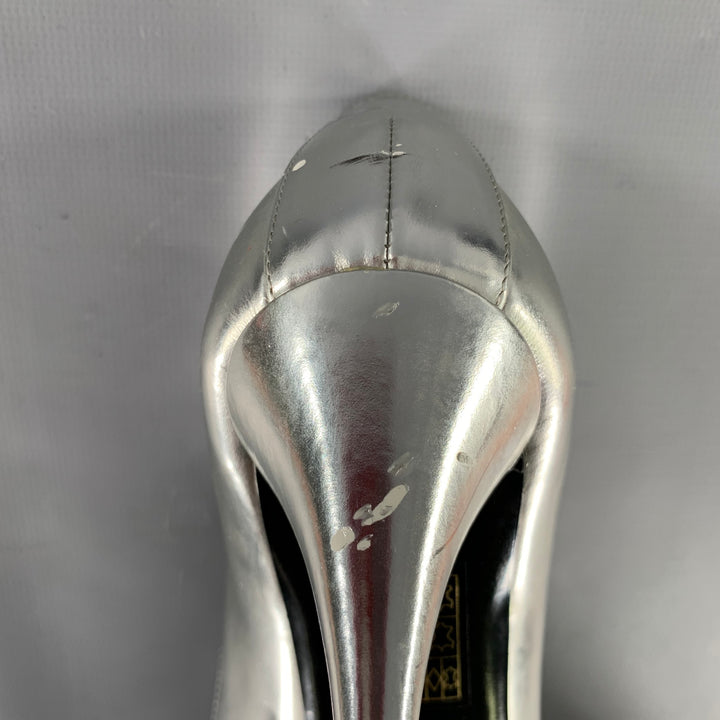 BALMAIN Size 6 Silver Patent Leather Peep Toe Heels Pumps