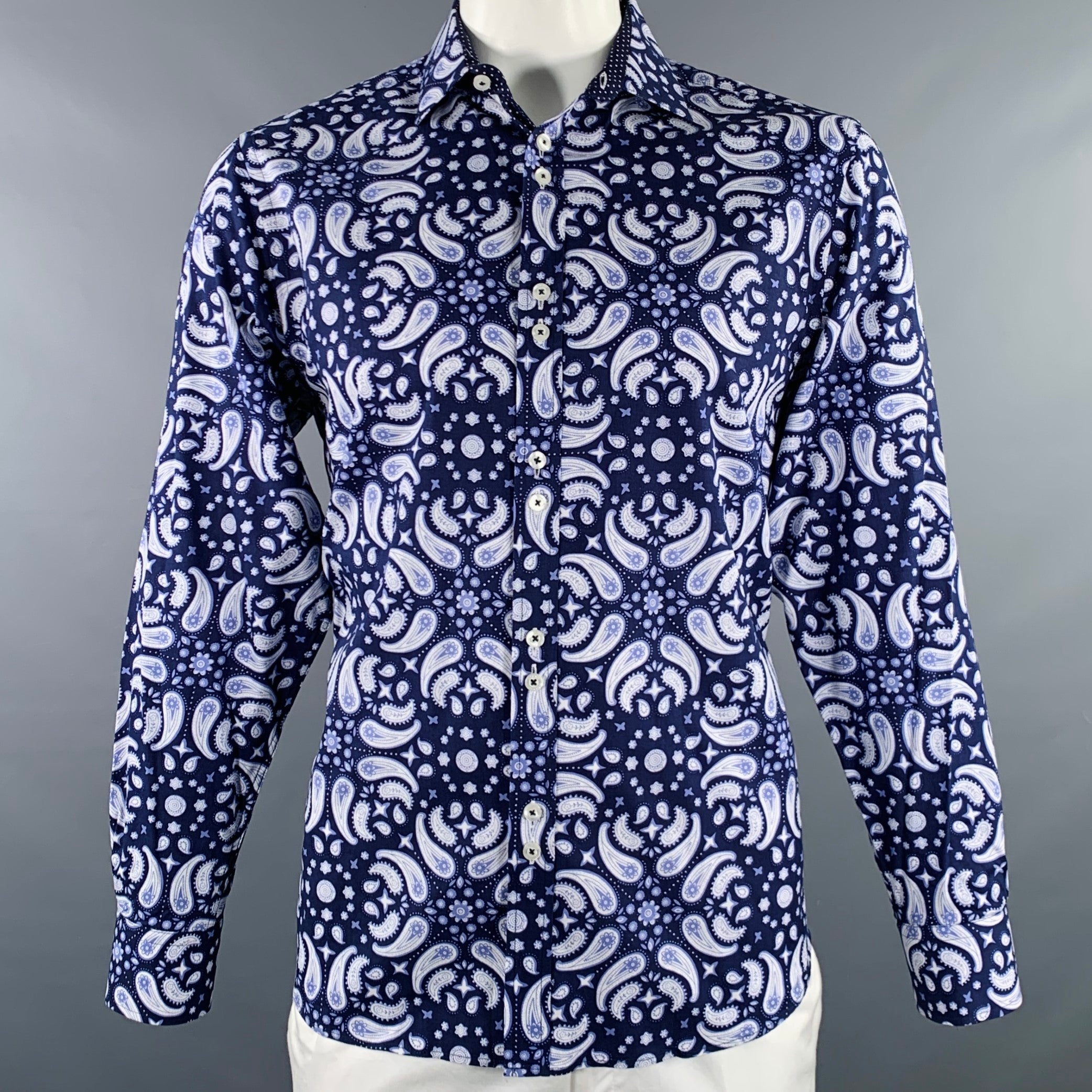 COOGI Size L Navy White Paisley Cotton Button Up Long Sleeve Shirt Sui Generis Designer Consignment