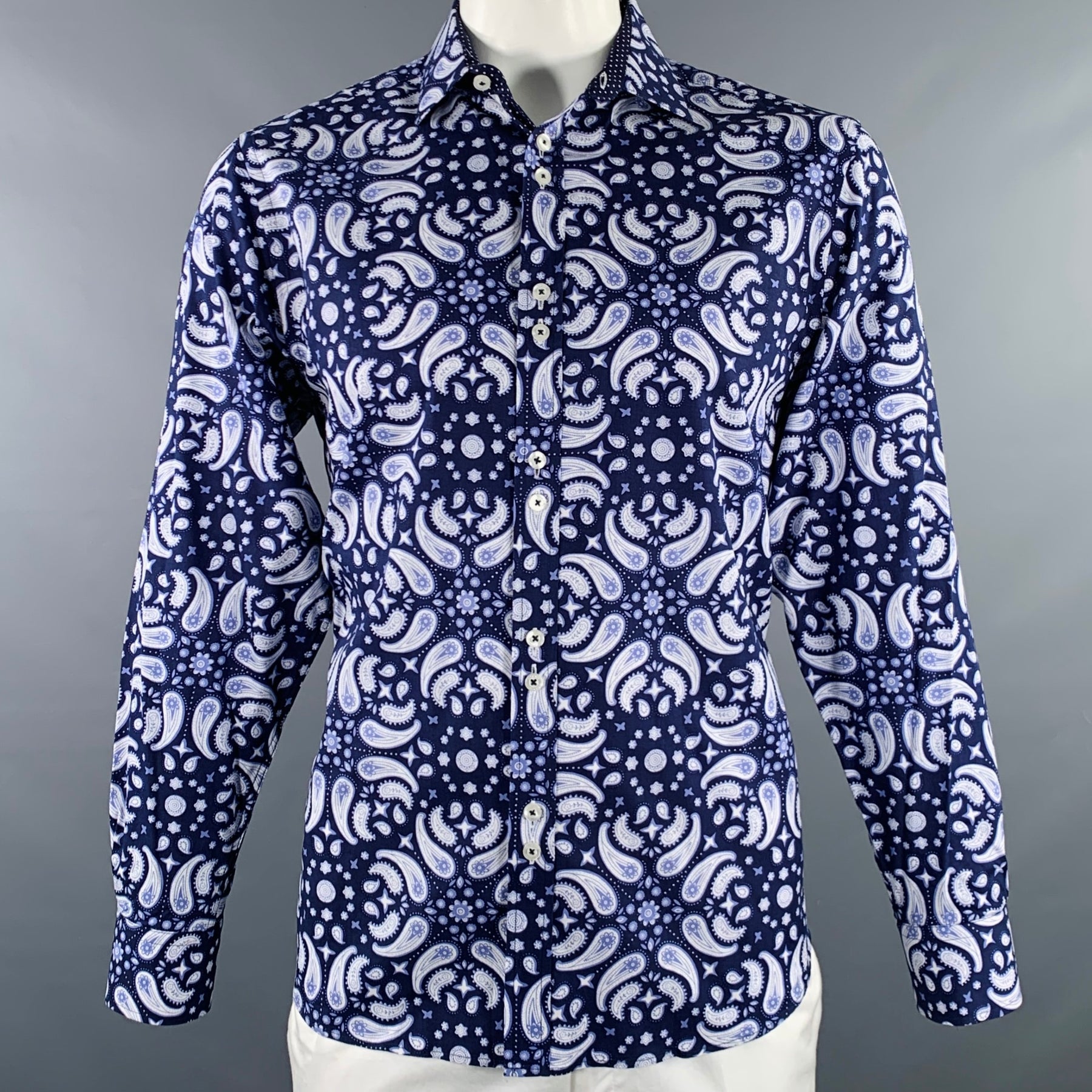 COOGI Size L Navy White Paisley Cotton Button Up Long Sleeve Shirt