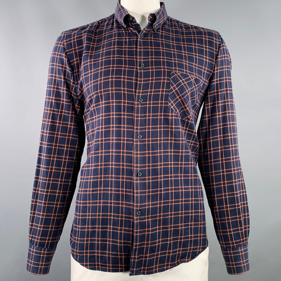 ADAM KIMMEL Size L Navy Orange Plaid Cotton Flannel Long Sleeve Shirt