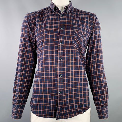 ADAM KIMMEL Size L Navy Orange Plaid Cotton Flannel Long Sleeve Shirt