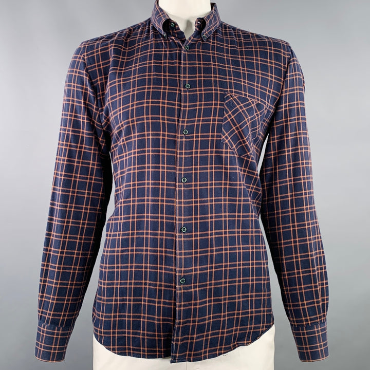 ADAM KIMMEL Size L Navy Orange Plaid Cotton Flannel Long Sleeve Shirt