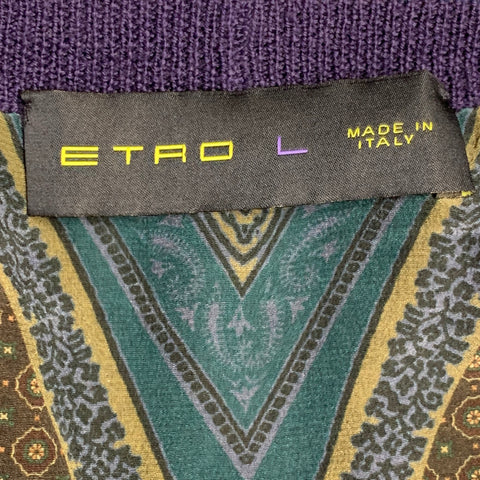 ETRO Size L Navy Grey Color Block Wool V-Neck Cardigan