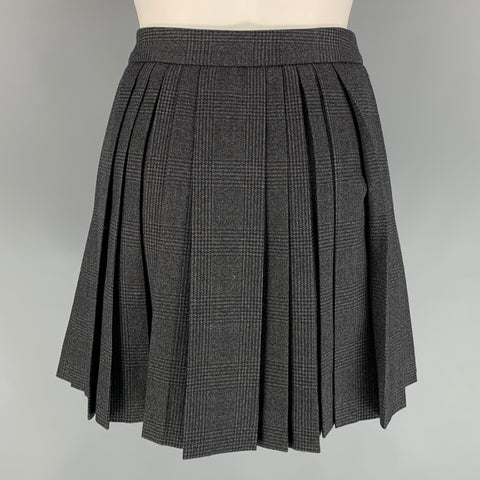 CELINE Size 4 Charcoal Plaid Wool Pleated Mini Skirt