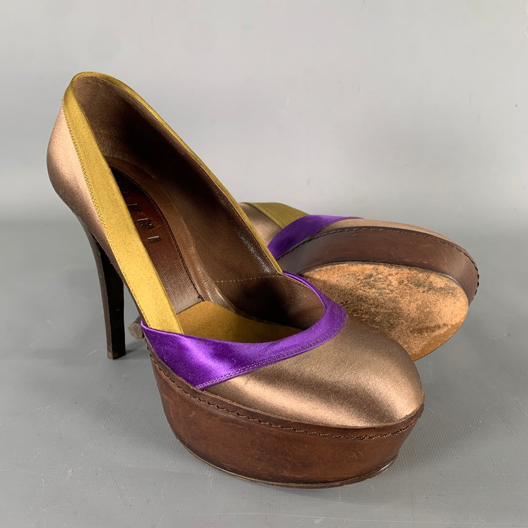 MARNI Size 7.5 Bronze Purple Satin Stripe Round Toe Pumps