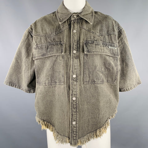 PRIVATE POLICY Size S Grey Washed Raw Edge Cropped Denim Shirt