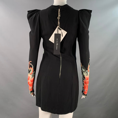 JOHN RICHMOND Size S Guereda Black Multi Color Viscose Dragon Long Sleeve Cocktail Dress