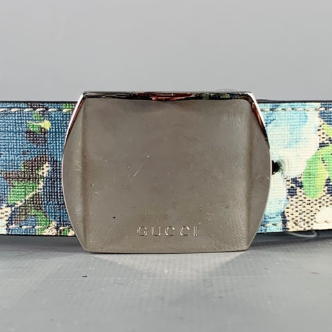 GUCCI Size 34 Blue Grey Floral Canvas Belt