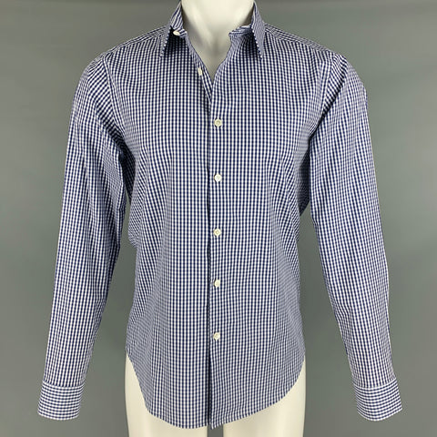 THEORY Size S Navy White Checkered Cotton Button Up Long Sleeve Shirt