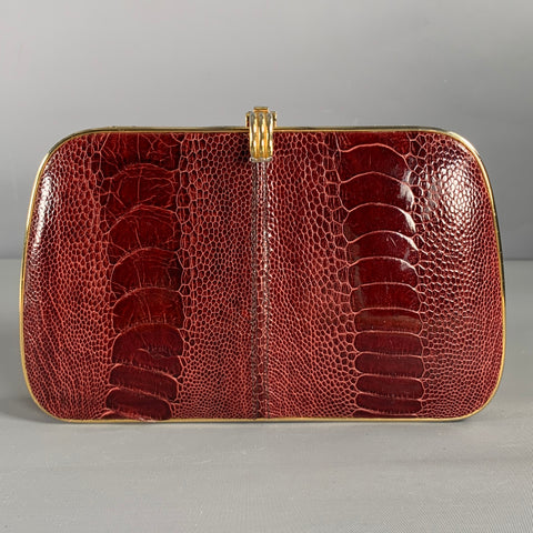 LORENZI Burgundy Gold Lizard Leather Clutch Handbag