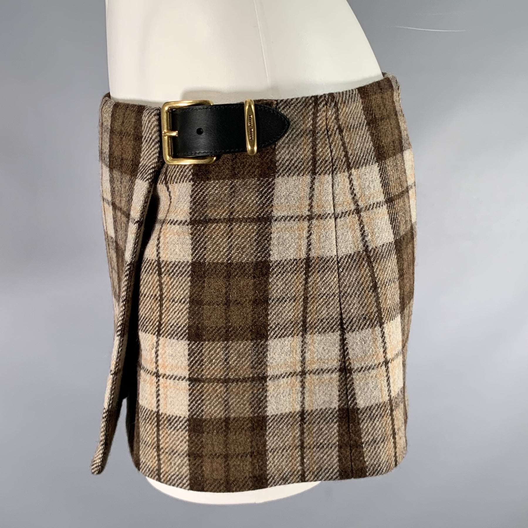 MIU MIU Size 2 Beige Brown Wool Blend Plaid Leather Mini