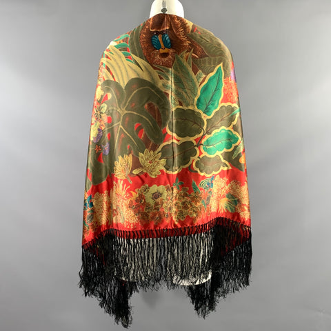 FERRAGAMO Red Black Floral Silk Shawl