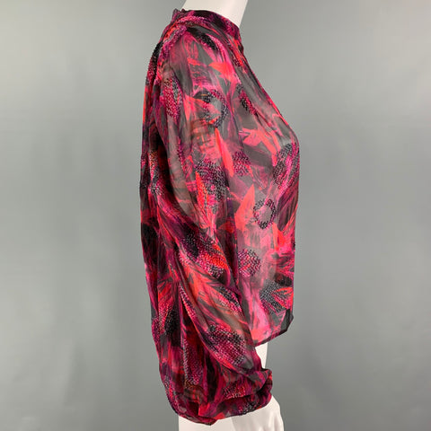 IRO Size 0 Red Black Silk Viscose Textured Oversized Casual Top