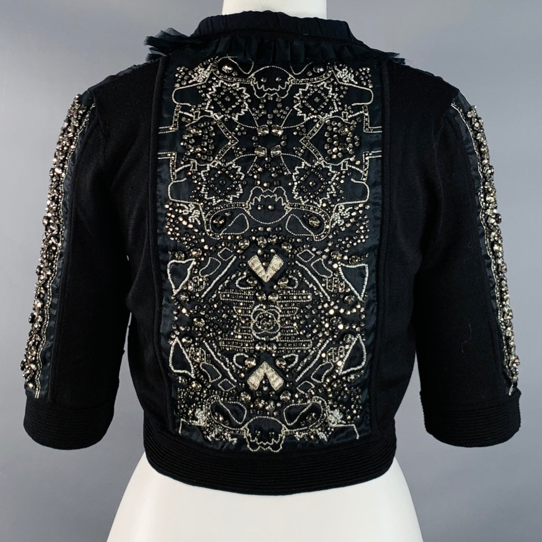 CHRISTIAN LACROIX Size S Black Silver Silk Beaded Cropped Cardigan