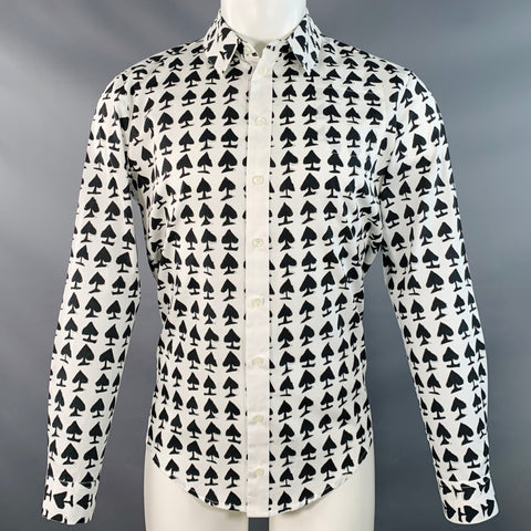 PETER JENSEN Size S White Black Spades Cotton One Pocket Long Sleeve Shirt