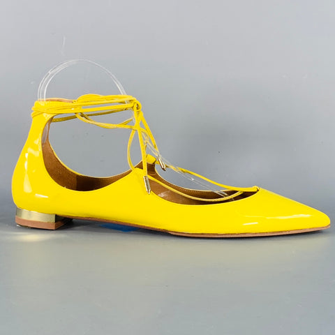 AQUAZZURA Size 9.5 Yellow Patent Leather Laced Pointed Toe Flats