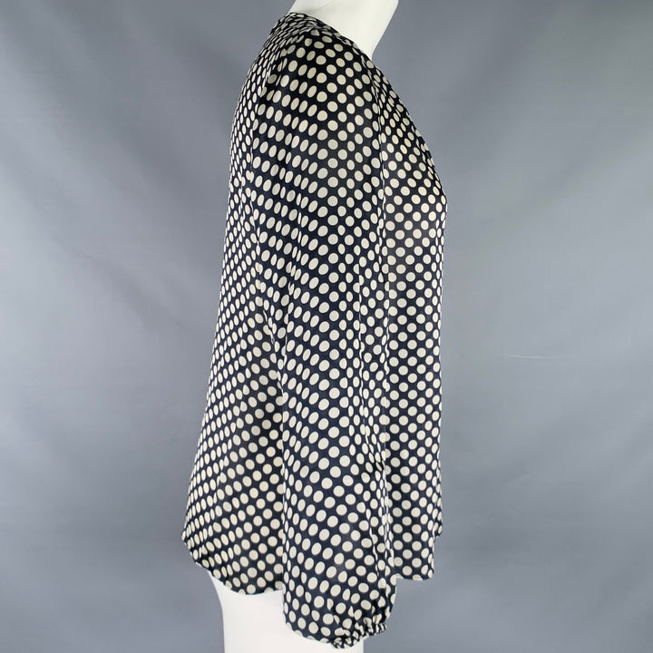 CAROLINA HERRERA Size 8 Black Ivory Silk Polka Dot Pop Over Blouse