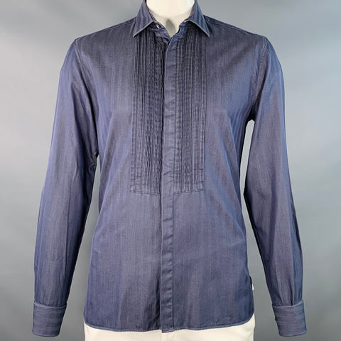 JOHN VARVATOS Size L Grey Pleated Cotton French Cuff Hidden Placket Long Sleeve Shirt