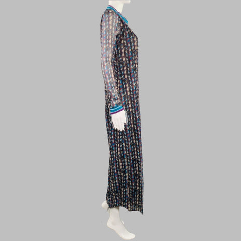 ANNA SUI Size S Black Blue Purple Polyester Abstract Long Sleeve Long Dress