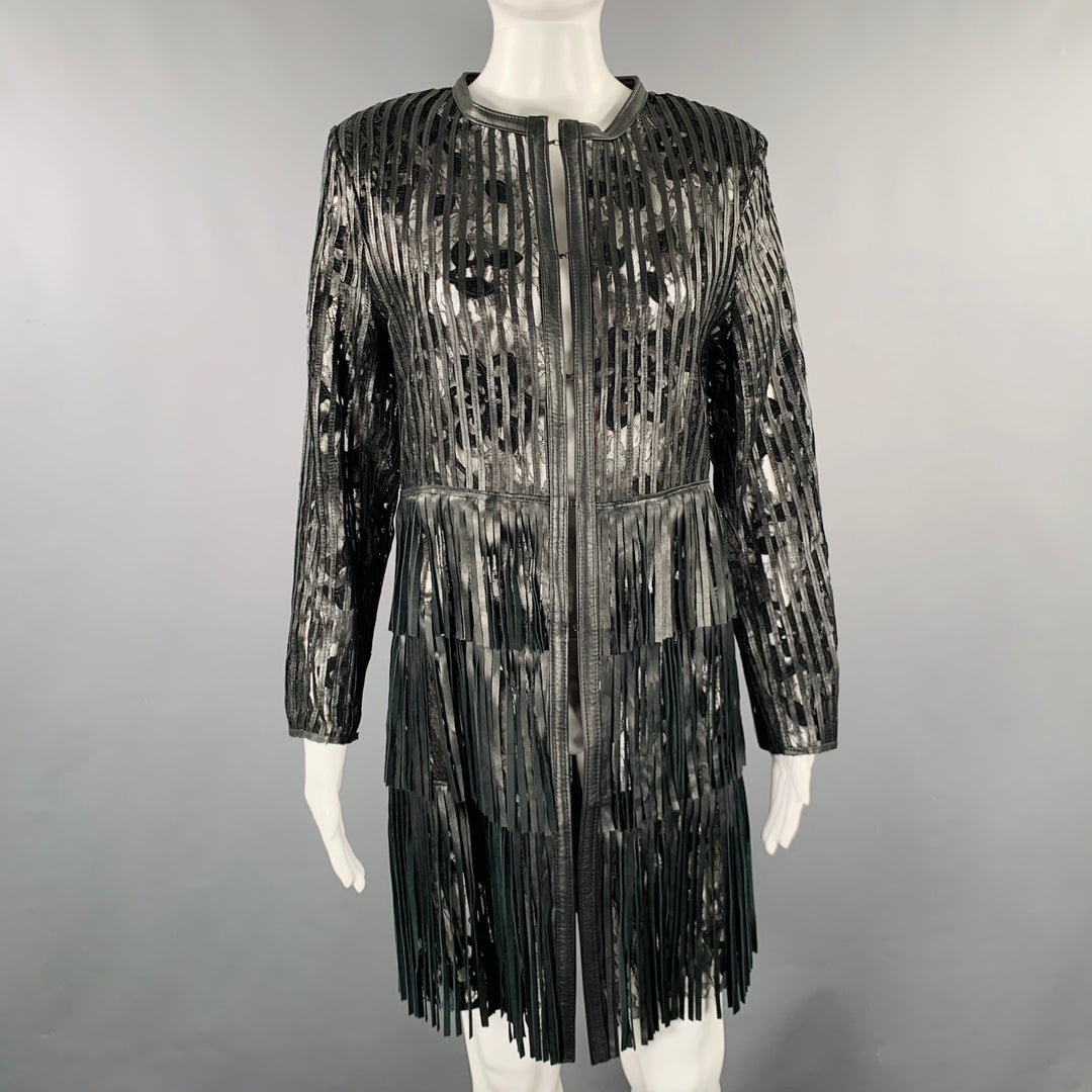 CABAN ROMANTIC Size 8 Black Lace Leather Fringed Coat