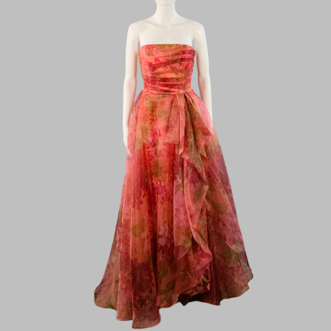 THEIA Size 2 Burgundy Polyester Abstract Floral Strapless Long Evening Sui Generis Designer Consignment THEIA Size 2 Burgundy Polyester Abstract Floral Strapless Long Evening Sui Generis Designer Consignment