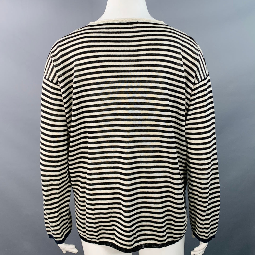 MAX MARA Size L White Black Linen Stripe Boxy Crew Neck Pullover